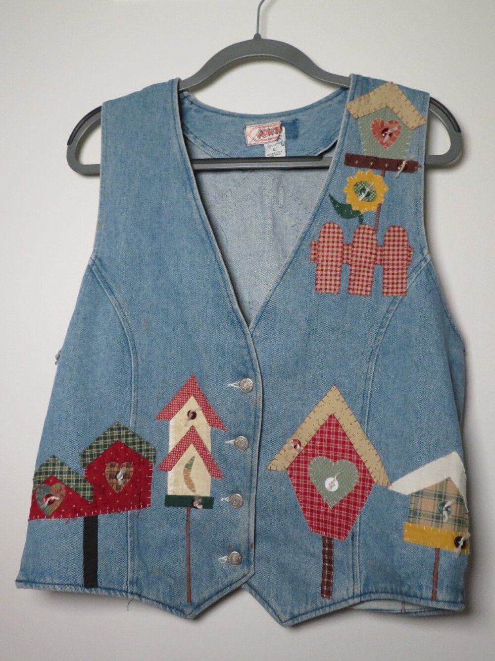 Vintage Denim Birdhouse Vest Apache West size Large Buttons Patchwork Native